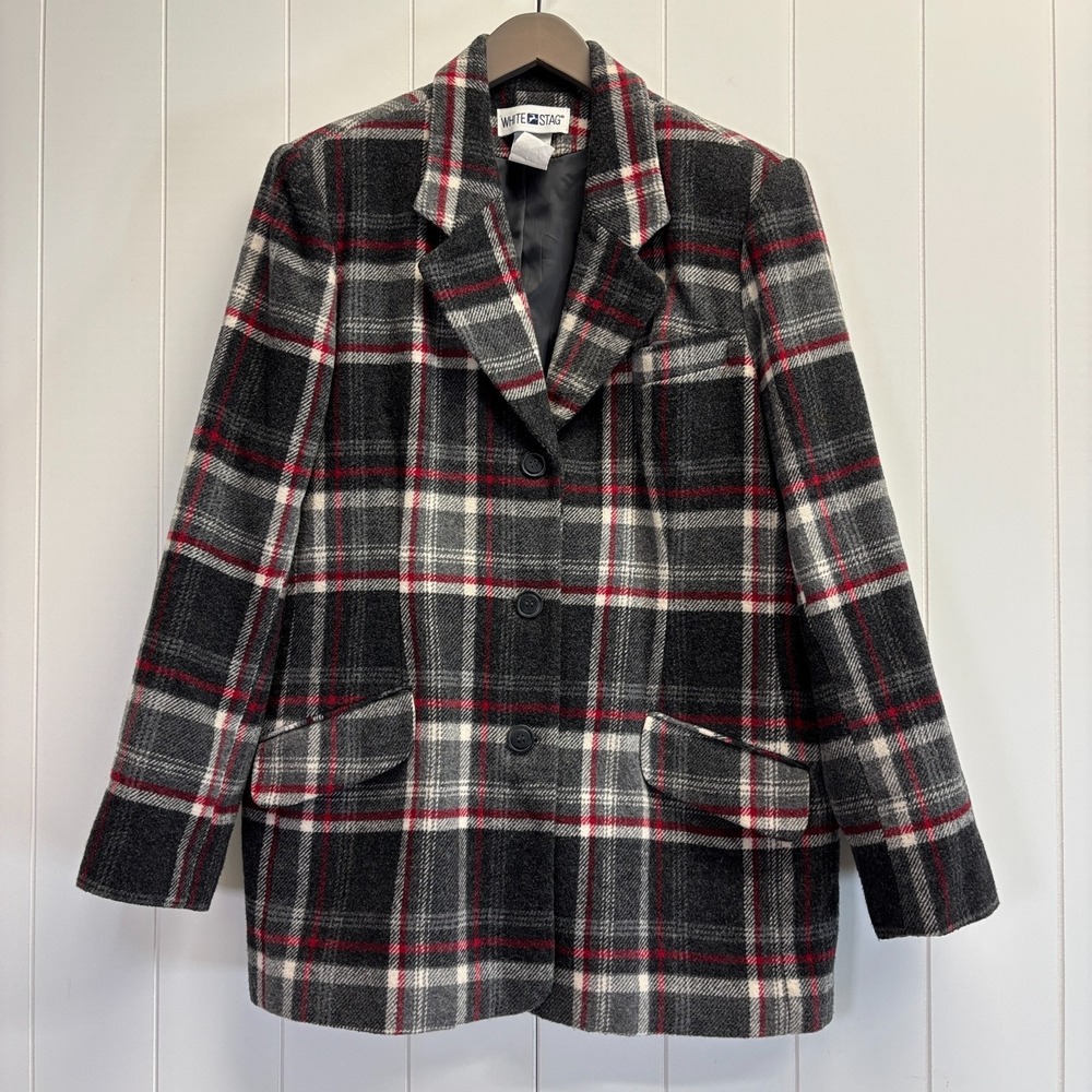 Y2K White Stag Heritage Plaid Wool Blend Blazer Women Size 14 Dark Academia
